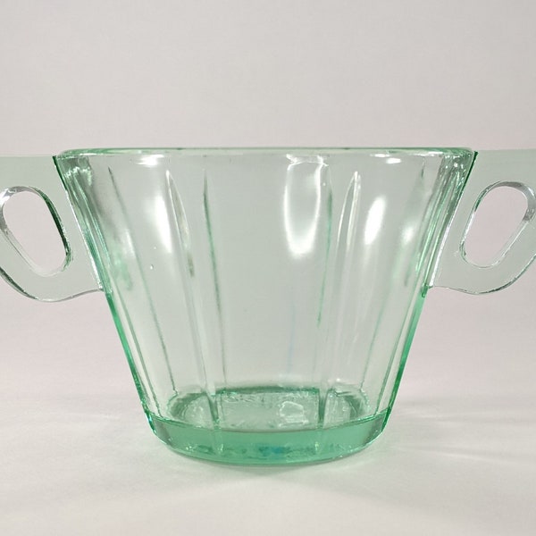 Green Vaseline Glass Sugar Bowl, Double Handles, Uranium Depression Glass