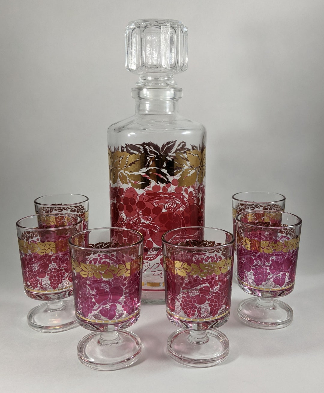 Vintage French Cordial Set, Decanter Liquor Bottle Decor, Cherry Mid