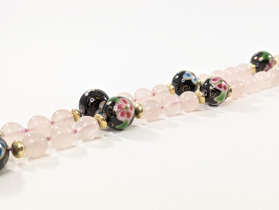 Long Rose Quartz and Cloisonne Style Ceramic Bead… - image 2