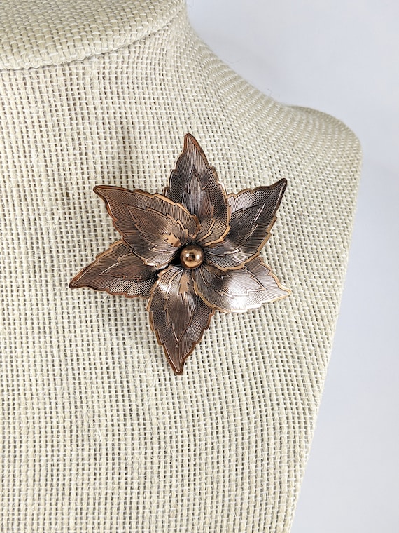 Copper Flower Brooch, Detailed Stamped Metal