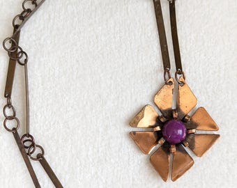 Mid Century Copper Flower Necklace – 1950s Artisan Modernist Pendant, Handcrafted Abstract Floral Statement Jewelry