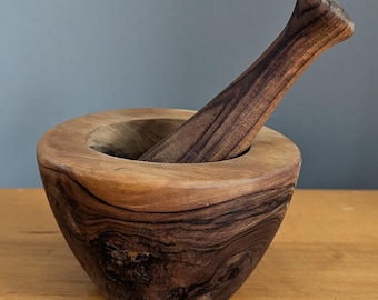 Vintage Olive Wood Mortar & Pestle | Hand-Turned Rustic Kitchen Tool