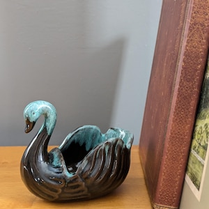 May include: A ceramic swan-shaped planter with a dark brown body and a teal-colored interior and neck. The swan is positioned on a wooden surface, with the spine of a book visible in the background.