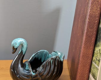 Vintage Swan Planter | Turquoise Drip Glaze Mid-Century Ceramic Vase
