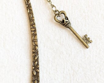 Vintage Bronze Key Bookmark | Crown & Heart Charm, Literary Gift
