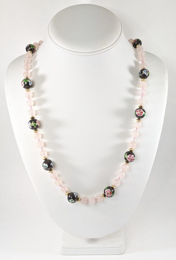 Long Rose Quartz and Cloisonne Style Ceramic Bead… - image 1
