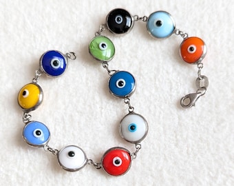 Sterling Silver Evil Eye Bracelet | Colorful Glass Nazar, Protection Jewelry