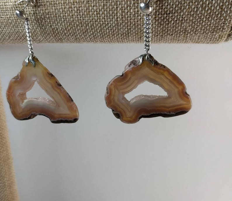 Screw Back Pierced Earrings Geode Slice Brooch Banded Agate Slice Natural Stone Earrings Geode Jewelry Set Druzy Quartz Crystal