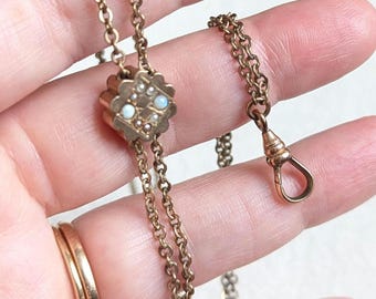 Antique Gold Filled Watch Chain Necklace | Opal Seed Pearl Slide, RCJ Co
