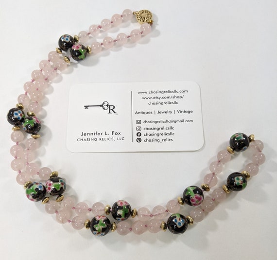 Long Rose Quartz and Cloisonne Style Ceramic Bead… - image 9