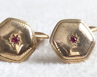 Edwardian Gold Filled Cufflinks | Star Set Red Stone, FAVO Stamped
