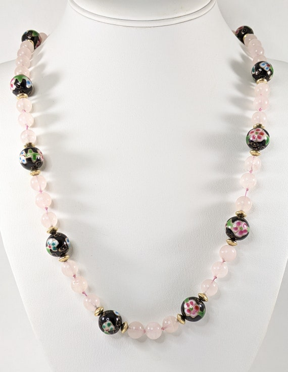 Long Rose Quartz and Cloisonne Style Ceramic Bead… - image 7