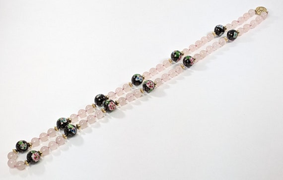 Long Rose Quartz and Cloisonne Style Ceramic Bead… - image 3