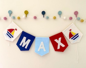 Personalized Nautical Bunting, Handmade Felt Sailboat Nursery Garland