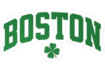 May include: A die-cut sticker featuring the word BOSTON in a bold, green, arched collegiate-style font. Below the text, a single green four-leaf clover is centered. The design has a thin white border around the entire graphic element.