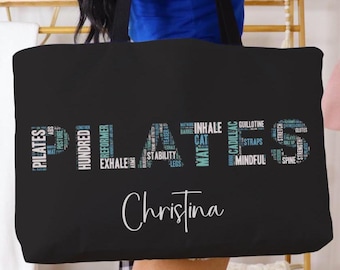 Personalized Pilates Tote Bag: Black Weekender Travel Bag, Custom Name