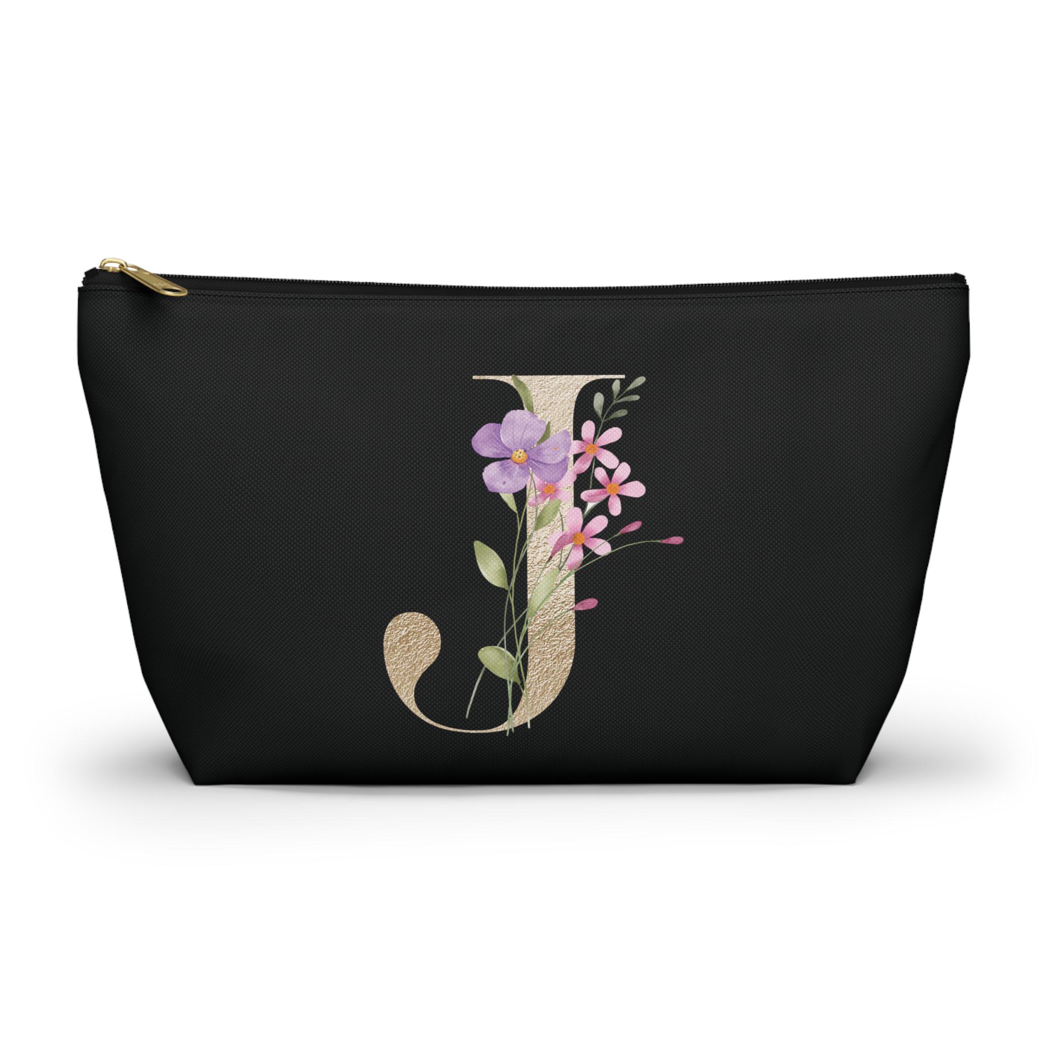 Floral Monogram Cosmetic Pouch with Black Logo Strap Monogram and Personalized Nylon Make Up Pouch main image 4