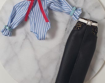 OOAK Fashion Set : Blue Striped Bodysuit with Red Bow & Black Leather Skirt with Pockets
