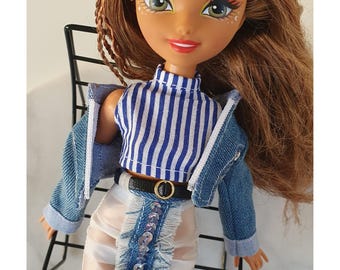 Handmade Doll Clothes: Denim Jacket, Crop Top & Sheer Skirt - 3-Piece Fashion Set