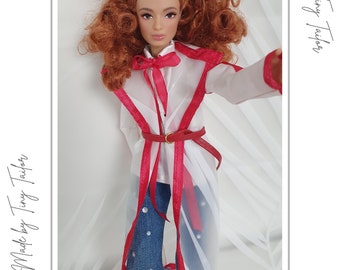 Raincoat, Denim Jeans, Satin Shirt , 3 in 1 Clothing Set , Handmade Fashion Doll Outfit , 1/6 scale