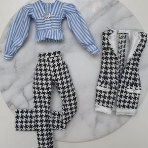 Handmade Doll Outfit, 3 in 1 Set with Blouse, Pants & Vest, OOAK Fashion Clothes for 12&quot; Dolls , 3-Piece Coquette Doll Suit