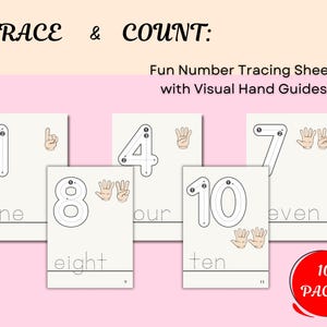 May include: Ten printable tracing sheets for kids to practice writing numbers 1 through 10. Each sheet features a number with dotted lines to trace and a hand illustration showing the correct finger count for each number.