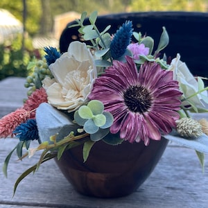 Sola Wood Flower Arrangement – Small Wooden Bowl Accent, Bright Floral Gift, Rustic Shelf or Desk Décor