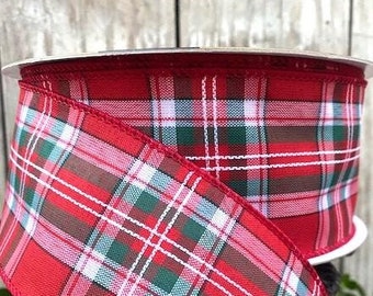 50 yards, 2.5&quot; Christmas red, green & white plaid wired ribbon, holiday tree decor, gift wrapping, Member&#39;s Mark, Sam&#39;s Club