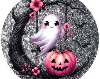 Halloween pink ghost wreath sign, Wreath attachment, Round sign, Halloween pumpkin, Ghosts, Sublimation sign