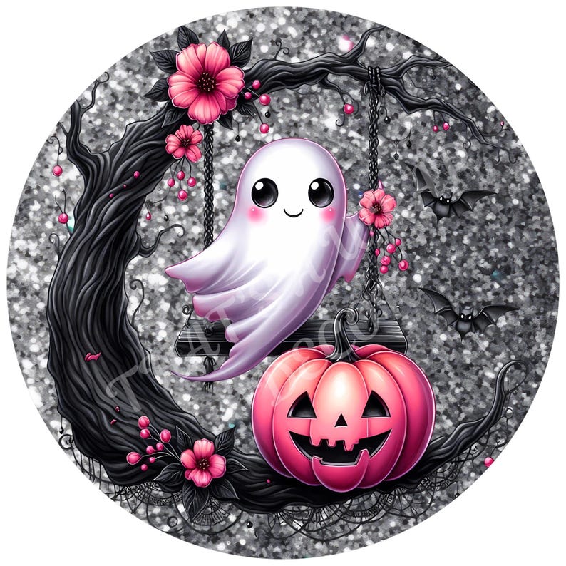 Może przedstawiać: Kapryśna ilustracja o tematyce Halloween, przedstawiająca uśmiechniętego ducha na huśtawce, r&oacute;żową dynię i nietoperze na błyszczącym srebrnym tle. Duch i dynia są umieszczone na czarnym drzewie ozdobionym r&oacute;żowymi kwiatami.
