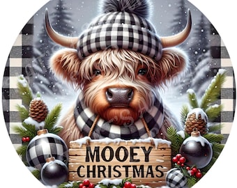 Highland cow wreath sign, Mooey Christmas, Winter round sign, Holiday decor, Sublimation sign