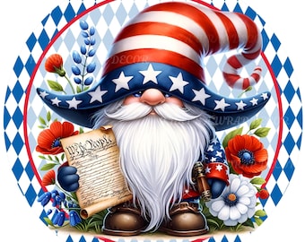 May include: A patriotic gnome illustration wearing a red, white, and blue hat and jacket, holding a scroll that reads "We the People." The gnome is surrounded by flowers and set against a blue and white diamond pattern.