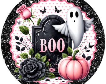 Halloween ghost wreath sign, Black & Pink Halloween sign, Wreath attachment, Round sign, Pumpkin sign, Sublimation sign