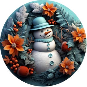 Snowman wreath sign, Orange Flowers Christmas sign, Winter decor, Sublimation sign
