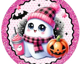 Halloween pink ghost wreath sign, Wreath attachment, Round sign, Pumpkin, Ghosts, Sublimation sign
