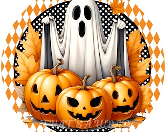 Halloween ghost wreath sign, Wreath attachment, Round sign, Pumpkins, Ghosts, Sublimation sign