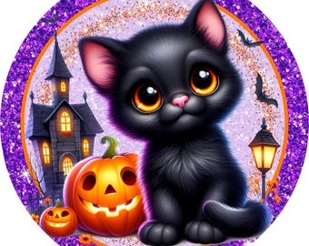 Halloween black cat wreath sign, Wreath attachment, Round sign, Pumpkin sign, Haunted house sign, Sublimation sign