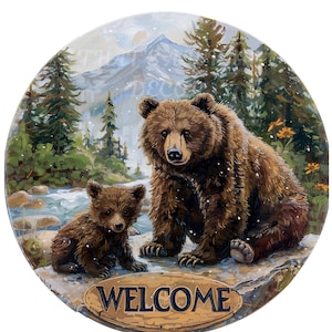 Bears Welcome wreath sign, Bear wreath attachment, Round metal sign, Sublimation sign