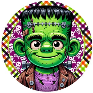 Halloween Frankenstein wreath sign, Wreath attachment, Round sign, Frankenstein metal sign, Sublimation sign