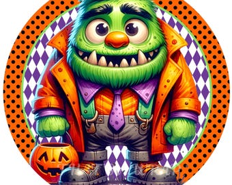 May include: A cartoon illustration of a green monster with a friendly expression, wearing an orange coat, purple shirt, and gray pants. The monster holds a jack-o'-lantern bucket. The image is set against a circular background with orange polka dots and a purple and white diamond pattern.