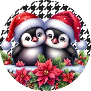 Penguins wreath sign, Winter sign, Wreath attachment, Round metal sign, Christmas sign, Sublimation sign