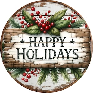 Happy Holidays wreath sign, Wreath attachment, Round metal sign, Christmas decor, Winter decor, Sublimation sign