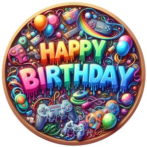 Happy Birthday wreath sign, Wreath attachment, Happy Birthday sign, Game controller, Balloons, Round metal sign, Sublimation sign