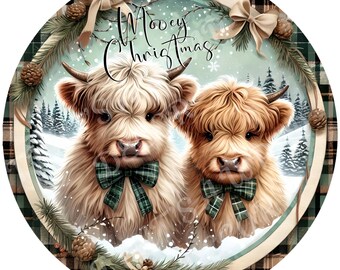 Highland cow wreath sign, Mooey Christmas, Winter round sign, Holiday decor, Sublimation sign