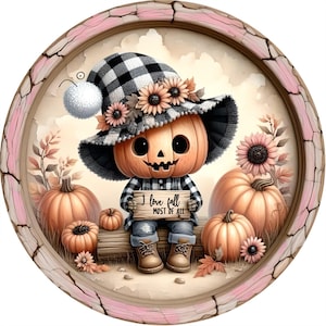 Pumpkin head wreath sign, Fall sign, Wreath attachment, Scarecrow sign, Round sign, Sublimation sign