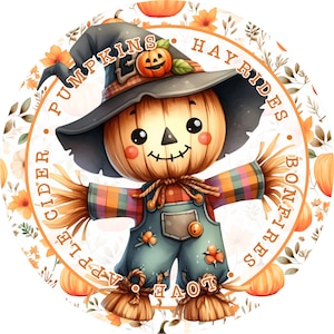 Scarecrow wreath sign, Fall sign, Wreath attachment, Scarecrow sign, Round sign, Sublimation sign