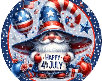 May include: A patriotic gnome illustration with a large hat and beard, holding a sign that reads "Happy 4th of July." The design features red, white, and blue colors, stars, and an American flag, perfect for Independence Day.