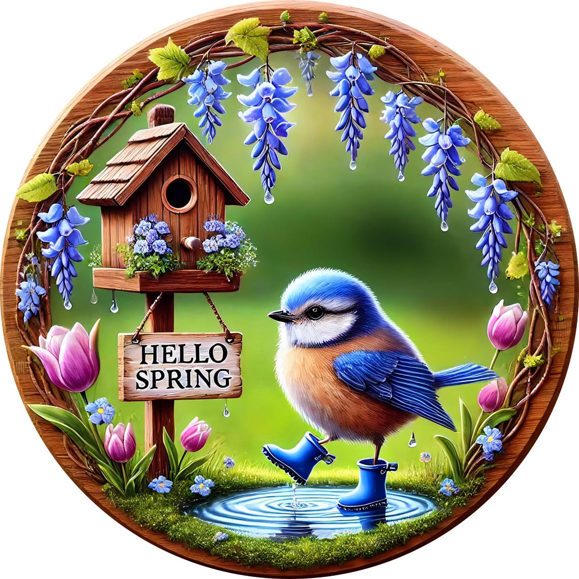 Hello Spring Bluebird Welcome Wreath Sign, Wreath Attachment, Round ...