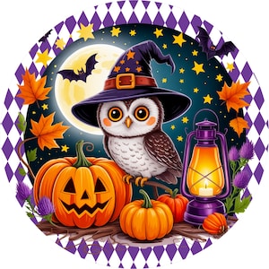 Halloween owl wreath sign, Wreath attachment, Round sign, Pumpkin sign, Wreath sign, Sublimation sign