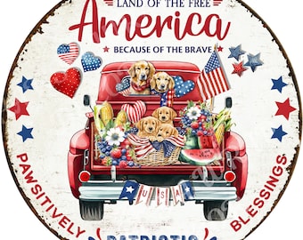 Patriotic dogs wreath sign, Wreath attachment, Round sign, Independence Day wreath sign, American flag, Sublimation sign